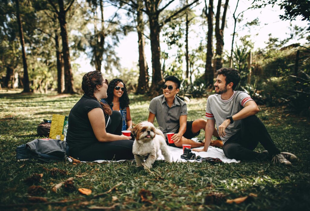 A group of friends enjoys a picnic on a grassy field under trees, smiling and chatting with a fluffy dog in the foreground, creating a relaxed and cheerful atmosphere.