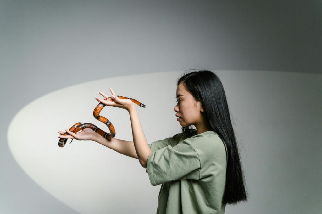 A woman with long hair, wearing a green shirt, observes an orange and black snake wrapped around her hands against a soft gray background.