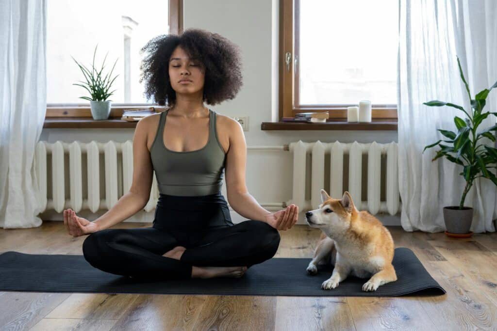 A person practices yoga on a black mat indoors, accompanied by a curious Shiba Inu dog, with plants and soft light in the background.