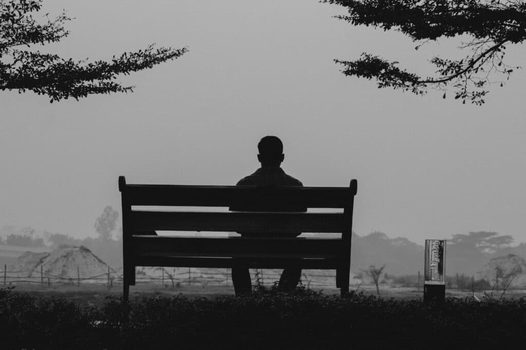 A silhouette of a man sitting on a bench, gazing into a misty landscape, framed by tree branches in black and white.