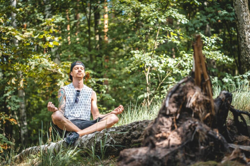 A person sits cross-legged on a fallen tree, meditating amidst a lush green forest filled with sunlight and vibrant foliage.